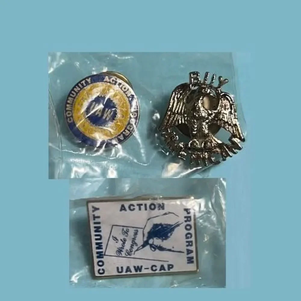 3 Union Pins, Buy American + 2 United Auto Workers CAP pins NEW